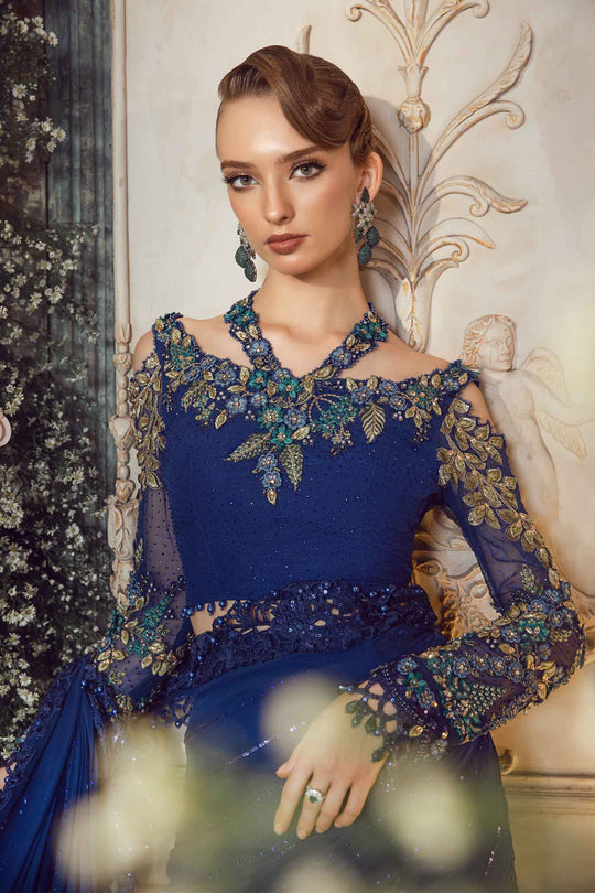 Mbroidered And Hand Embellished Chiffon Saree | Cobalt Blue BD-2704