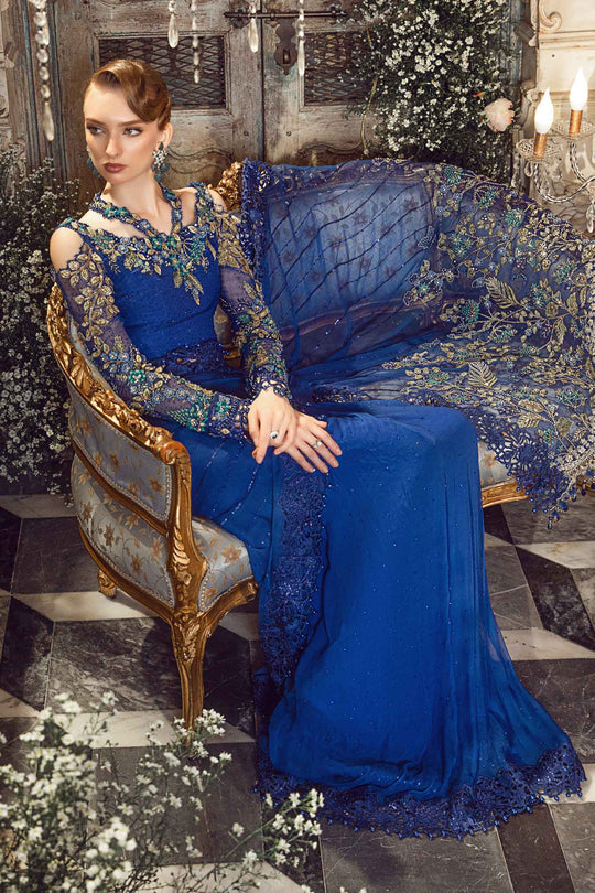 Mbroidered And Hand Embellished Chiffon Saree | Cobalt Blue BD-2704
