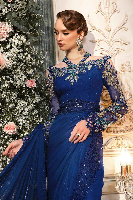 Mbroidered And Hand Embellished Chiffon Saree | Cobalt Blue BD-2704