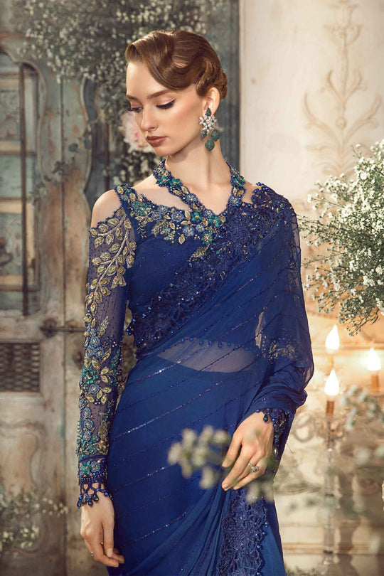 Mbroidered And Hand Embellished Chiffon Saree | Cobalt Blue BD-2704