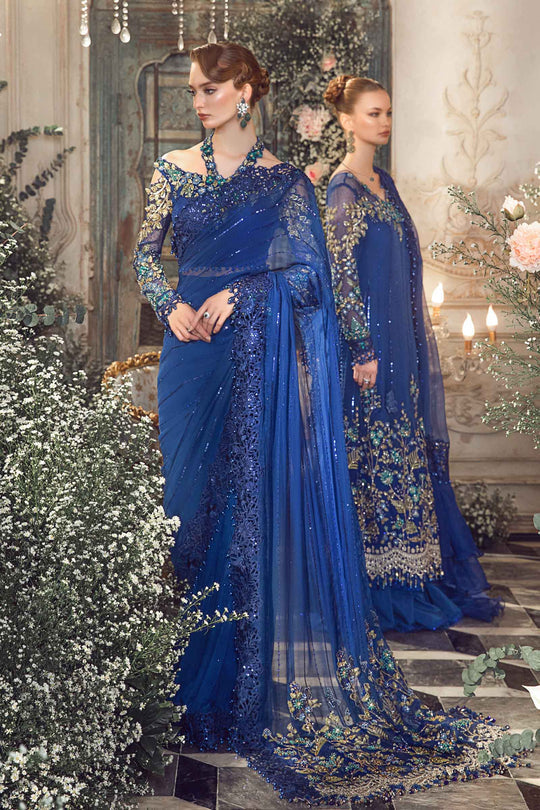 Mbroidered And Hand Embellished Chiffon Saree | Cobalt Blue BD-2704