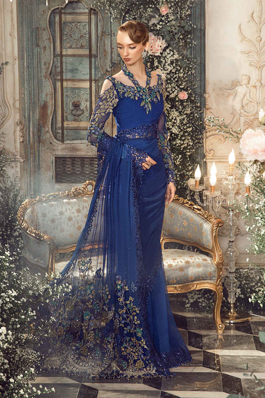 Mbroidered And Hand Embellished Chiffon Saree | Cobalt Blue BD-2704