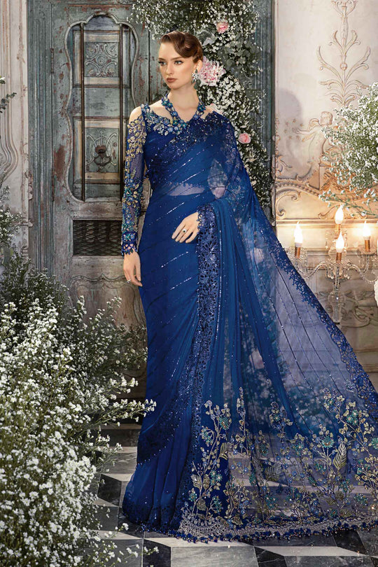 Mbroidered And Hand Embellished Chiffon Saree | Cobalt Blue BD-2704