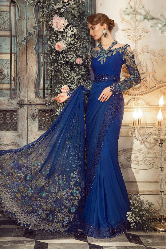 Mbroidered And Hand Embellished Chiffon Saree | Cobalt Blue BD-2704